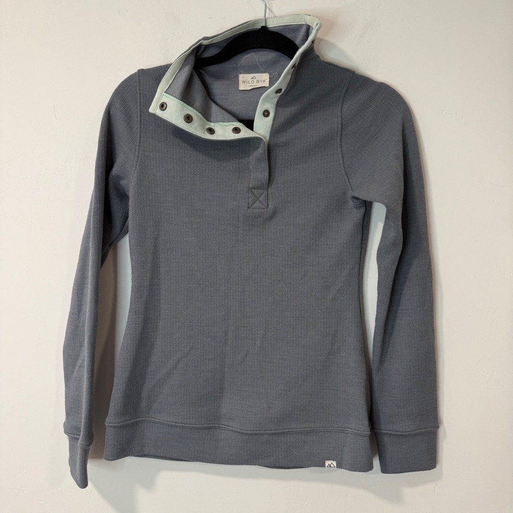 Wild Rye Womens Snap Pullover 0 Blue Merino Wool Blend Snap Neck MTB Layer